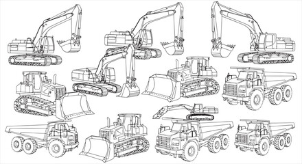 Construction Vehicle Icon Set – Heavy Machinery Line Vector for Engineering and Infrastructure Work © RNB DESIGN