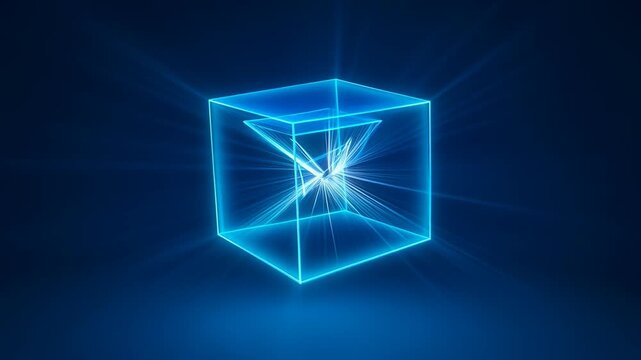 Dynamic rotation of glowing neon hypercube transforming in dark digital space