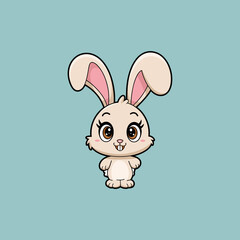 Fototapeta premium Cute Cartoon Grey Rabbit Illustration on Blue Background, Adorable Sitting Baby Bunny with Large Ears and Pink Cheeks.