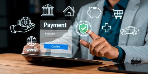Fototapeta premium Businessman making online payment on tablet with icons of banking and financial services