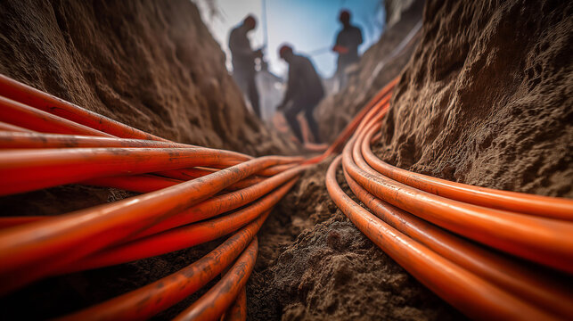 Underground cable installation trench with orange conduit pipes and workers in background, low angle perspective, soft diffused light, documentary photography, underground cable power distribution,