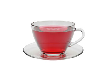 Pristine transparent glass teacup, precisely filled with vibrant ruby red hibiscus tea, resting on a saucer in a high-key studio with crisp focus. Concept for beverage advertising