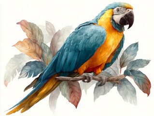 Obraz premium A lively, whimsical watercolor depicting a chibi cartoon parrot perched on a verdant tropical branch, with vivid hues blending into a playful backdrop