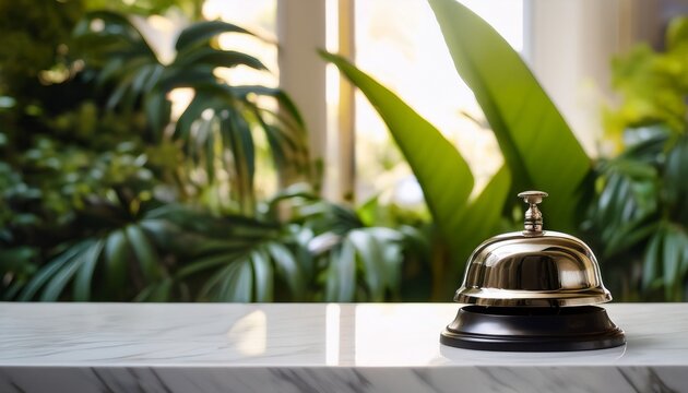 the service bell on a marble reception counter with tropical plants in background