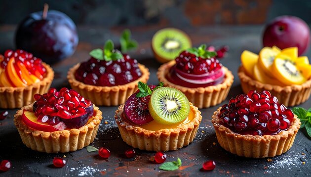 Miniature fruit tarts, intricately arranged, boast vibrant toppings like pomegranate and kiwi, accented with mint leaves