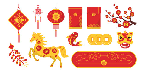 Fototapeta premium Chinese New Year of the Horse 2026 elements set of golden horse, envelopes ang pao, lanterns, firecracker, lion dance, ancient gold coins, koi fish, plum blossom branch, and cloud banner illustration