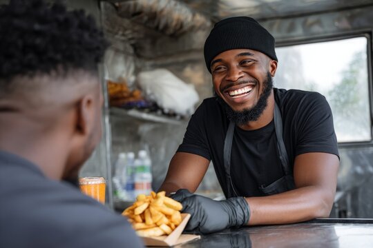 African American food truck owner smiles serving french fries from window