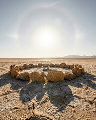 Ancient Stone Circle in Desert Landscape - Stone ring on cracked desert ground