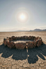 Ancient Stone Circle in Desert Landscape - Wide view of stone ring at dawn