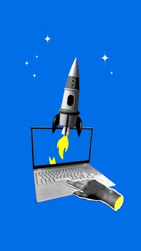 Hand presses start button on laptop. Rocket flies out of the laptop screen. Startup launch. New business. Rocketship launch. Creating new ideas. Vertical halftone collage animation for social media
