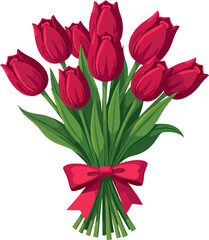 Red tulip bouquet with decorative bow, fresh spring floral arrangement isolated on white background