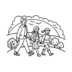 Happy family walking sunset silhouette