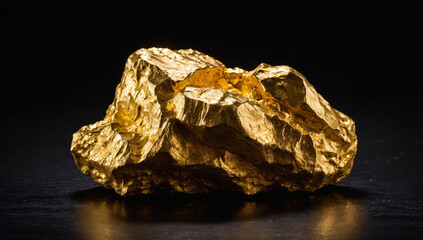Natural Gold Nugget on Reflective Black Surface. Shiny Raw Precious Metal Ore. Luxury Concept of Mining Geology, Financial Wealth, Investment, Economy Market, Rare Mineral and Expensive Texture. © stefanbalaz