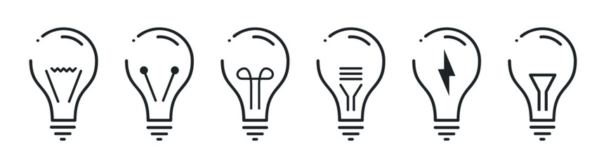Light bulb icon set, minimal linear idea and energy symbols, black outline electricity lamp collection, simple vector illustration on transparent background