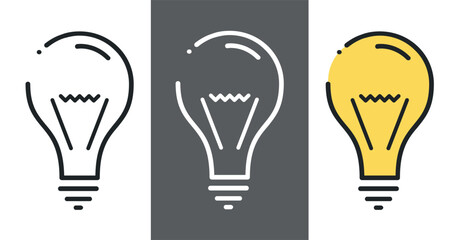 Light bulb idea icon, minimal outline vector symbol of innovation and creative concept in black and yellow design isolated on transparent background
