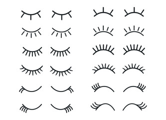 Eyelashes closed eyes vector set, cute girl eye icon for character illustration, cartoon lashes with mascara, woman makeup, sleeping beauty and unicorn style isolated on transparent background