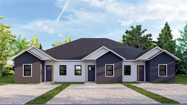 Modern Triplex Townhouse Multi-Family Residential Building Exterior with Paved Driveway, 3D Render Architectural Visualization