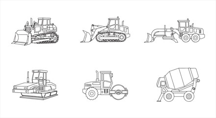 Obraz premium Construction Vehicle Icon Set – Heavy Machinery Line Vector for Engineering and Infrastructure Work