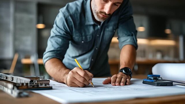 Faceless man drawing blueprints on table with tools, technical planning scene, automotive design workspace, engineering documentation, with copy space