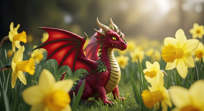 St david's day dragon in daffodils celebrating welsh heritage