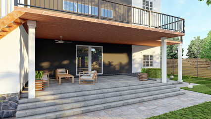 3D render, patio, backyard, deck, outdoor, furniture, luxury, modern, architecture, home, exterior, house, garden, terrace, residential, landscaping, steps, stone, wood, design, estate, villa, yard, s