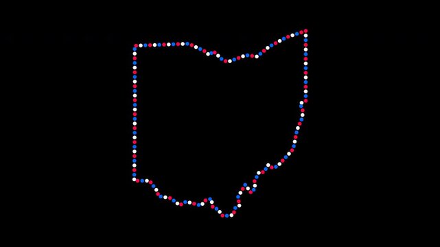 Ohio Map Outline Animation Glowing Red White Blue Dots Forming Border on Black Background for Election News Politics Voting Data Visualization 4K ProRes Digital Cyber HUD Style Broadcast