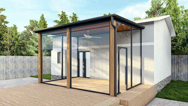 Modern Glass Enclosed Sunroom Addition with Wooden Deck and Backyard Trees, 3D Render Architectural Visualization