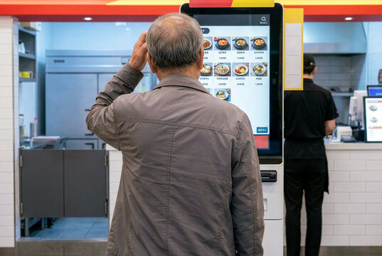 elderly man confused in front of kiosk ordering machine in the restaurant