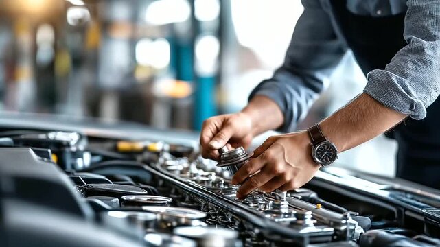 Faceless mechanic working on car engine, automotive repair activity, vehicle servicing scene, engine maintenance work, with copy space