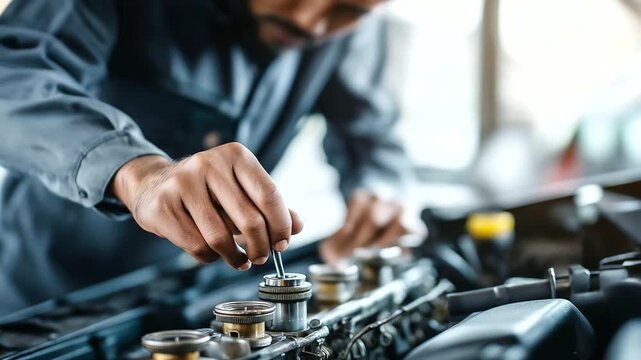 Faceless man working on car engine, automotive repair activity, mechanic servicing vehicle, engine maintenance work, with copy space