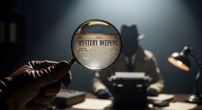 Hand holding magnifying glass revealing mystery deeper text on old paper with vintage desk background