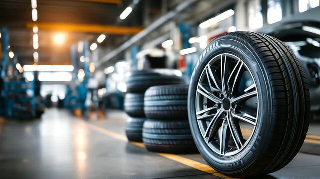 Tire workshop scene, wheel service facility, automotive tire maintenance environment, garage tire work area, with copy space