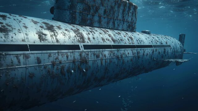 4k video of a nuclear submarine underwater.