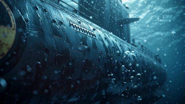 4k video of a nuclear submarine underwater.