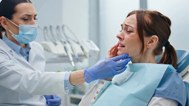 Woman holding her hand near her cheek with toothache in the dentist's chair