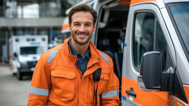 Faceless paramedic man in orange uniform standing in large mobile ambulance van, emergency medical services vehicle, with copy space
