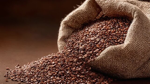 Close-up of coffee beans spilling out of a burlap bag, creating a rustic, warm aesthetic