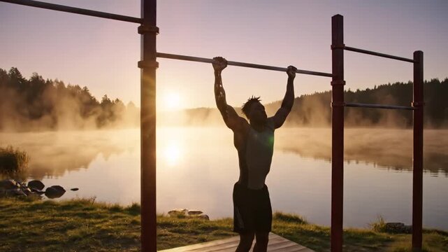 Man performs pull ups outdoors near water with sunlight background silhouette