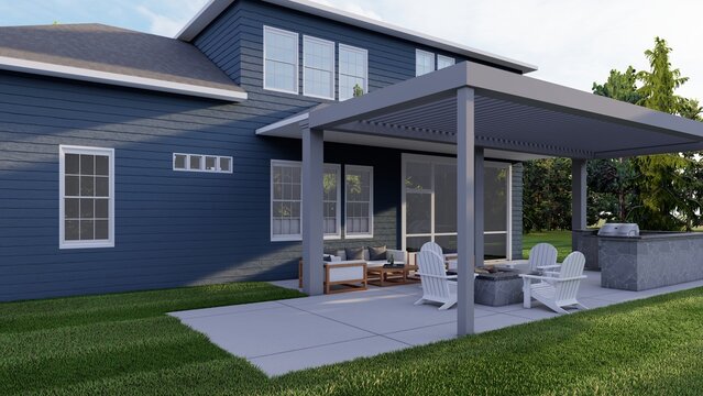Modern Luxury Backyard Patio with Grey Pergola Outdoor Kitchen and Fire Pit Area 3D Render