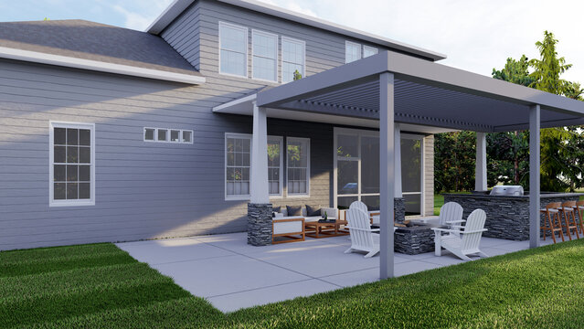 Modern House Backyard with Outdoor Kitchen Fire Pit and Louvered Pergola 3D Render Architectural Visualization of Luxury Patio Design