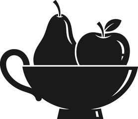 Obraz premium A black silhouette of a teacup with a pear and an apple