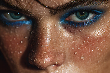 Detail of a woman's eyes with blue makeup and drops