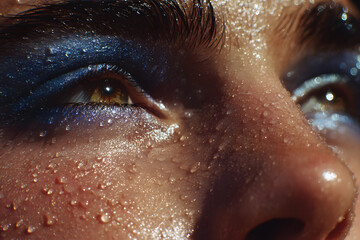 Detail of a woman's eyes with blue makeup and drops