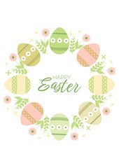 A wreath with Easter eggs featuring various patterns, butterflies, and flowers in a simple flat style. A minimalist Easter banner. Perfect for an Easter poster, card, sale banner, flyer, etc.