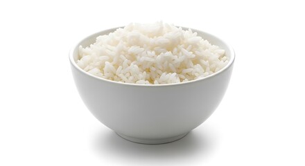 White cooked rice in a simple white ceramic bowl on a plain surface