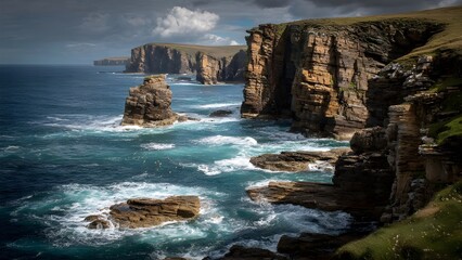 Breathtaking isolated serene, unpopulated landscape showcasing Orkney Islands &ndash; Windswept islands with cliffs and Neolithic sites 