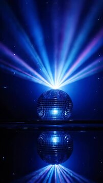 Closeup of rotating disco ball with converging purple and blue laser beams in dark space. Dynamic light reflections creating energetic patterns for party and nightclub atmosphere visualization.