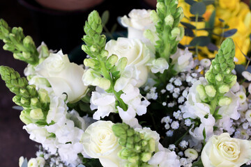 White roses and Antirrhinum majus bouquet