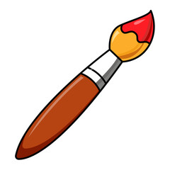 Cartoon paintbrush with red paint tip and wooden handle isolated on white background.
