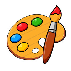 Cartoon artist palette with colorful paint blobs and paintbrush illustration isolated on white background.